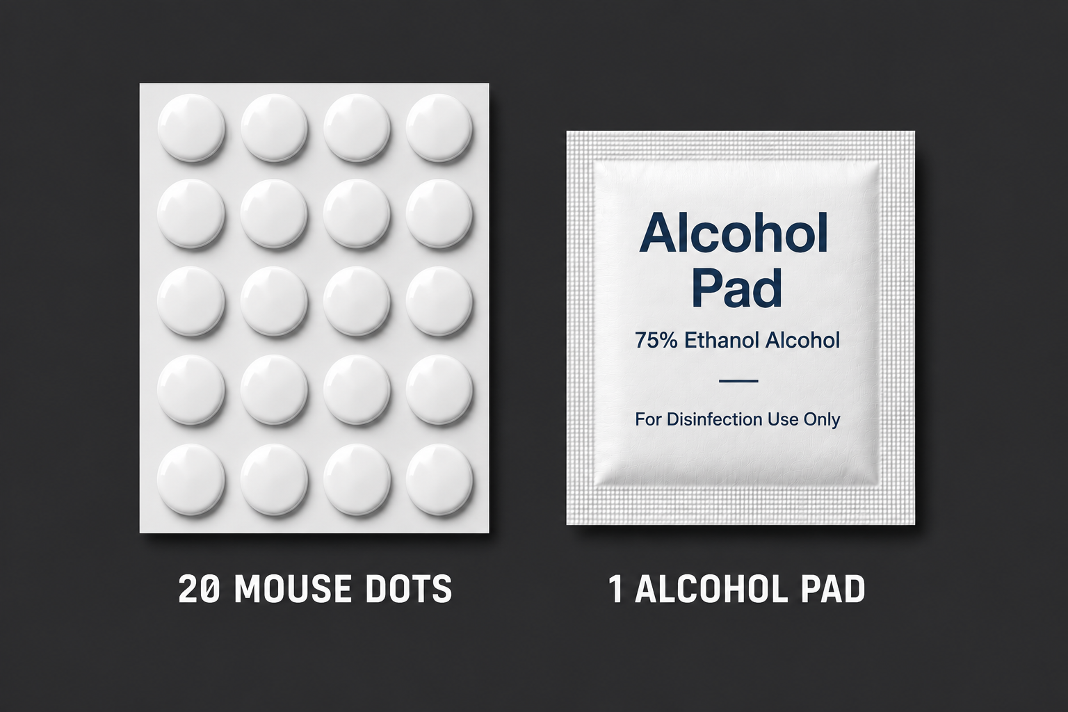 Package contents: 20 mouse skate dots and 1 alcohol prep pad